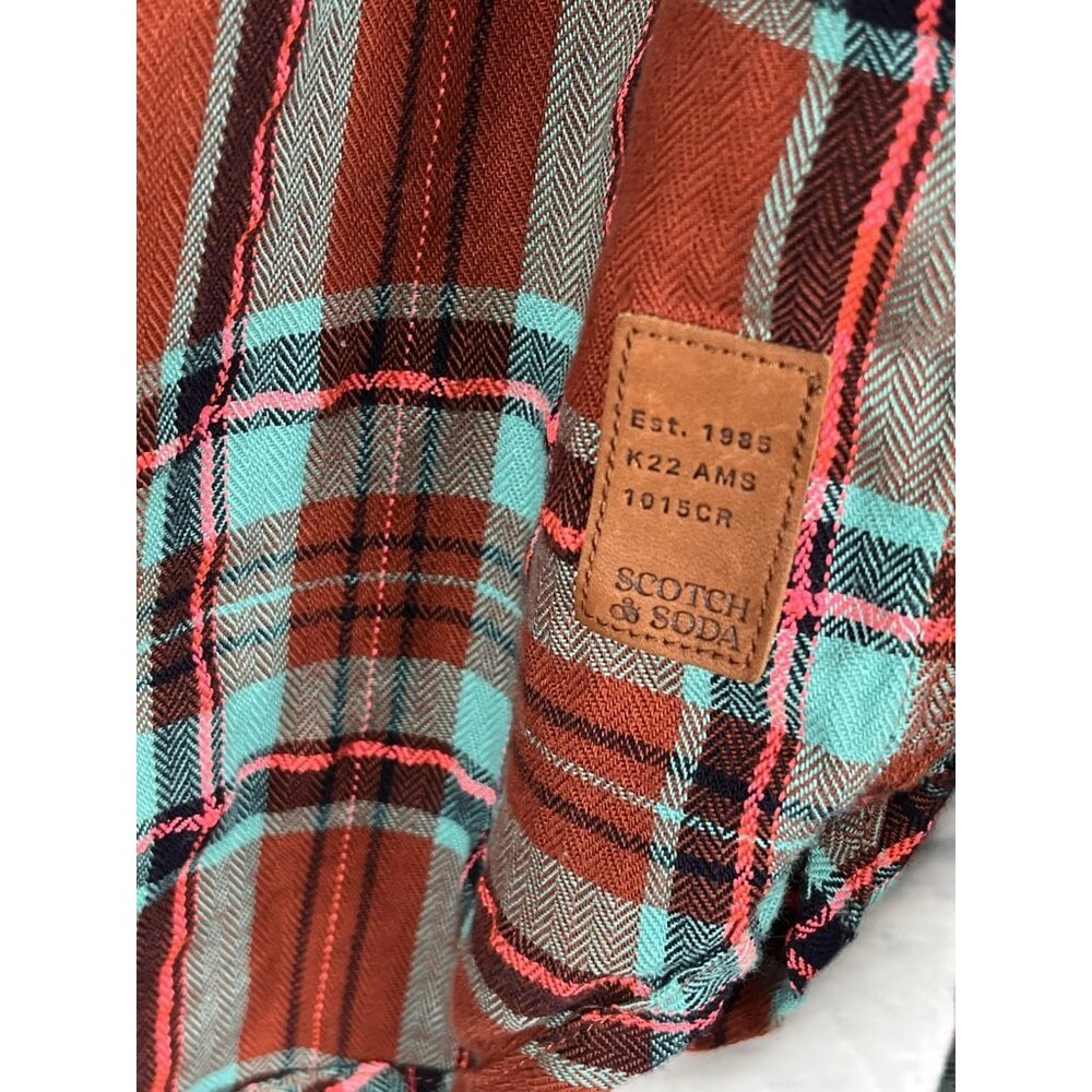 SCOTCH AND SODA AMSTERDAM Men's Burnt Orange Turquoise Plaid Button Down Large - Picture 5 of 6